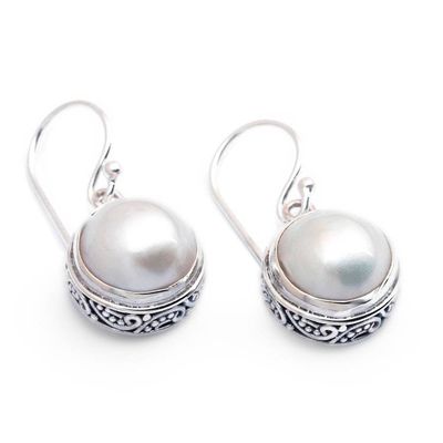 Alternate image for Bridal White Cultured Mabe Pearl Silver Dangle Earrings Full Moon