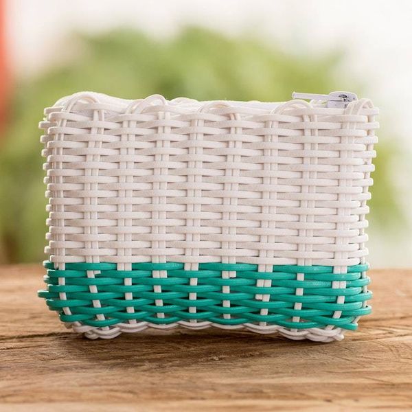 Alternate image for Recycled Vinyl Cord Coin Purse Handwoven in Guatemala Enchantment in White and Teal
