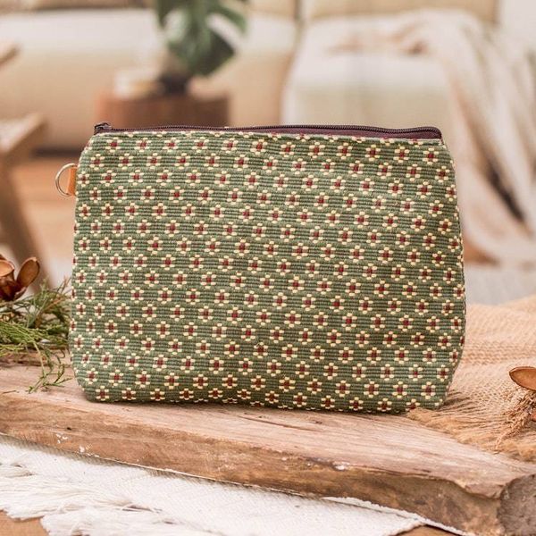 Alternate image for Loomed Floral Green Cotton Cosmetic Bag with Leather Accent Green Ditsy