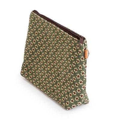 Alternate image for Loomed Floral Green Cotton Cosmetic Bag with Leather Accent Green Ditsy