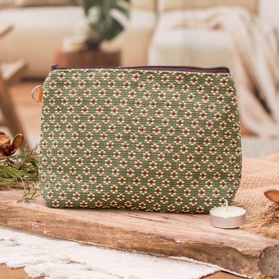 Alternate image for Loomed Floral Green Cotton Cosmetic Bag with Leather Accent Green Ditsy