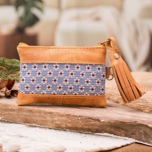 Alternate image for Floral-Patterned Leather-Accented Blue Cotton Coin Purse Blue of Blooms