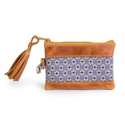 Alternate image for Floral-Patterned Leather-Accented Blue Cotton Coin Purse Blue of Blooms