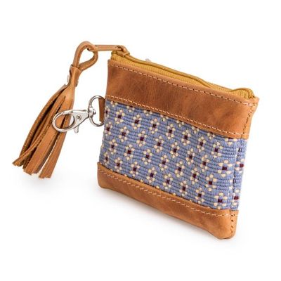 Alternate image for Floral-Patterned Leather-Accented Blue Cotton Coin Purse Blue of Blooms