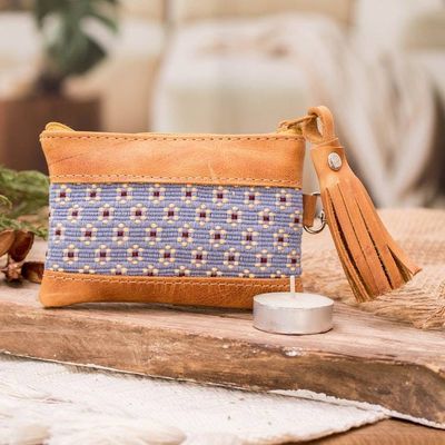 Alternate image for Floral-Patterned Leather-Accented Blue Cotton Coin Purse Blue of Blooms