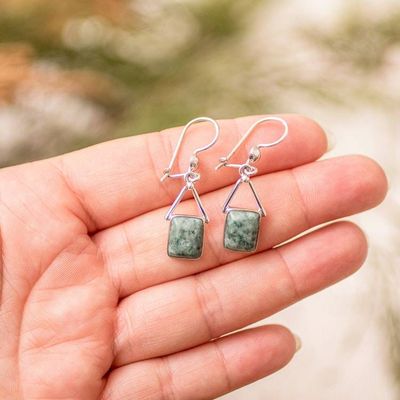 Alternate image for Modern Geometric Light Green Jade Silver Dangle Earrings Mayan Peaks in Green