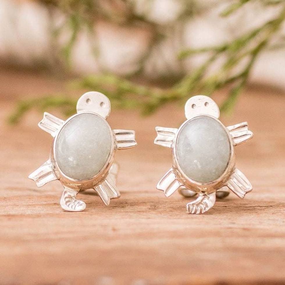 Sterling Silver Green Jade Earrings with Sea Turtle Motif 'Light Green Marine Turtles'
