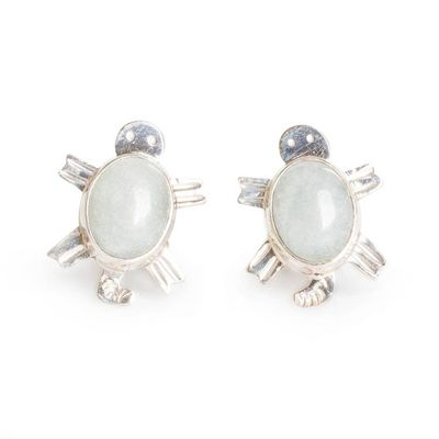 Alternate image for Sterling Silver Green Jade Earrings with Sea Turtle Motif Light Green Marine Turtles