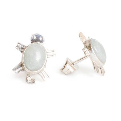 Alternate image for Sterling Silver Green Jade Earrings with Sea Turtle Motif Light Green Marine Turtles