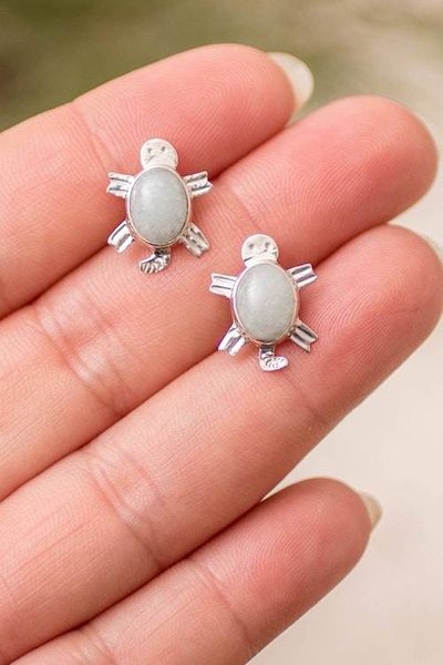 Alternate image for Sterling Silver Green Jade Earrings with Sea Turtle Motif Light Green Marine Turtles