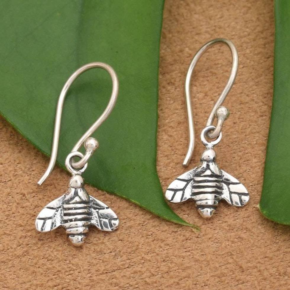 Whimsical Bee-Themed Silver Dangle Earrings from Bali 'Busy Bee'