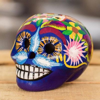 Primary image for Blue Handcrafted Ceramic Figurine Skull with Macaws in Blue