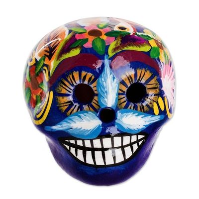 Alternate image for Blue Handcrafted Ceramic Figurine Skull with Macaws in Blue