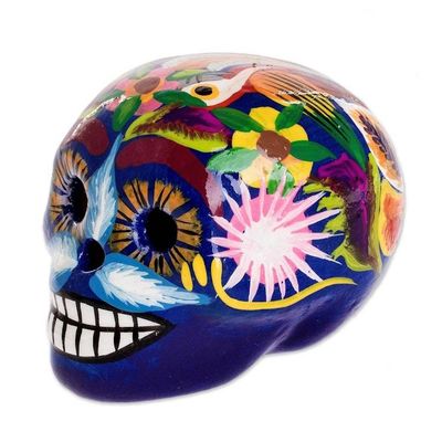 Alternate image for Blue Handcrafted Ceramic Figurine Skull with Macaws in Blue