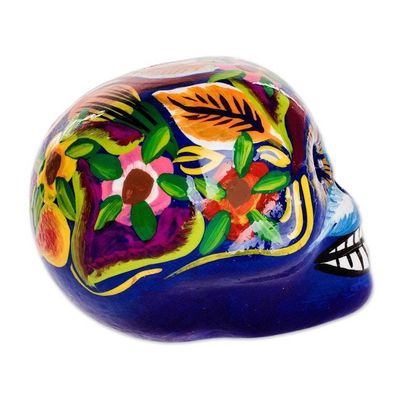 Alternate image for Blue Handcrafted Ceramic Figurine Skull with Macaws in Blue