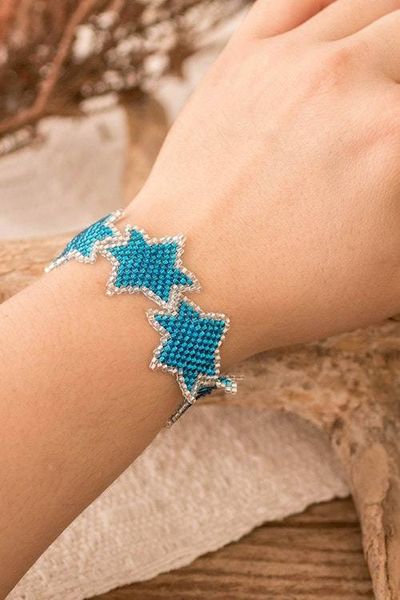 Alternate image for Light Blue and Silver-Toned Beaded Bracelet with Star Theme Cyan Starlight