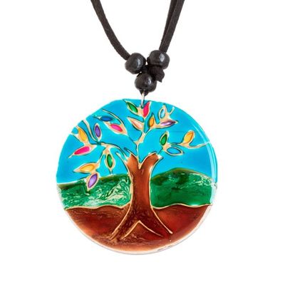 Alternate image for Tree-Themed Glass Pendant Necklace in Blue from Costa Rica Tree of Life at Night
