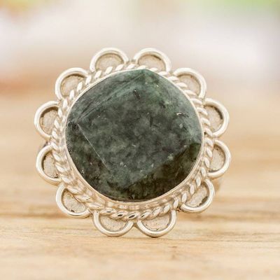Alternate image for Handcrafted Dark Green Jade and Silver Cocktail Ring Dark Moon Aura