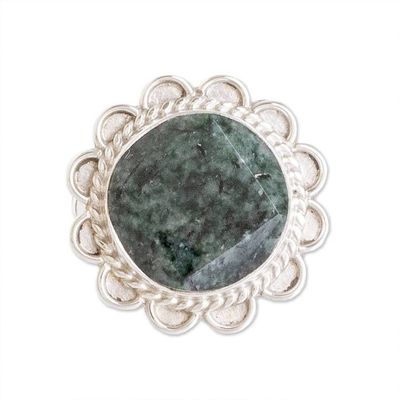 Alternate image for Handcrafted Dark Green Jade and Silver Cocktail Ring Dark Moon Aura