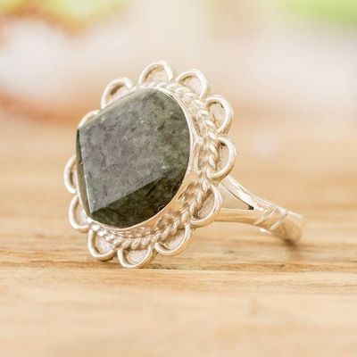 Alternate image for Handcrafted Dark Green Jade and Silver Cocktail Ring Dark Moon Aura
