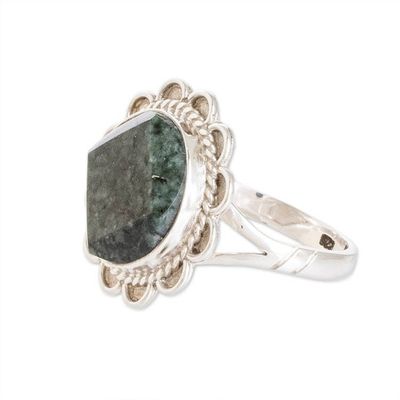 Alternate image for Handcrafted Dark Green Jade and Silver Cocktail Ring Dark Moon Aura
