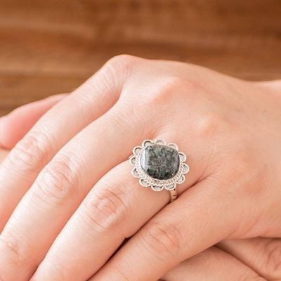 Alternate image for Handcrafted Dark Green Jade and Silver Cocktail Ring Dark Moon Aura