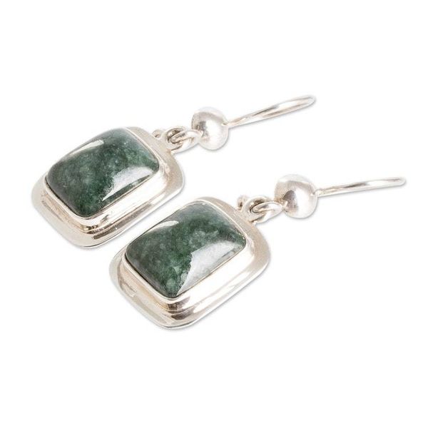 Alternate image for Square Sterling Silver Dark Green Jade Dangle Earrings Maya Green