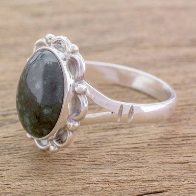 Alternate image for Guatemalan Hand Crafted Dark Green Jade Ring Dark Dahlia