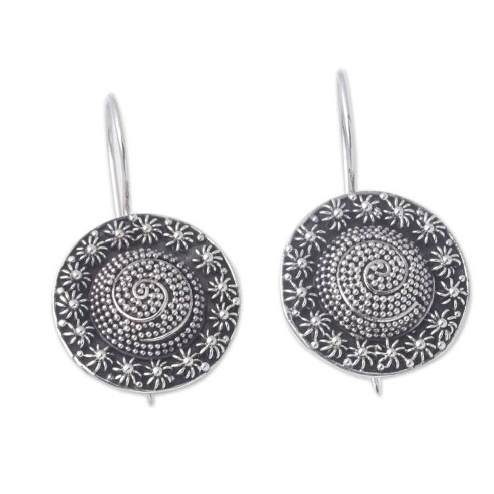 Sterling Silver Round Drop Earrings Crafted in Bali 'Alluring Sparkles'