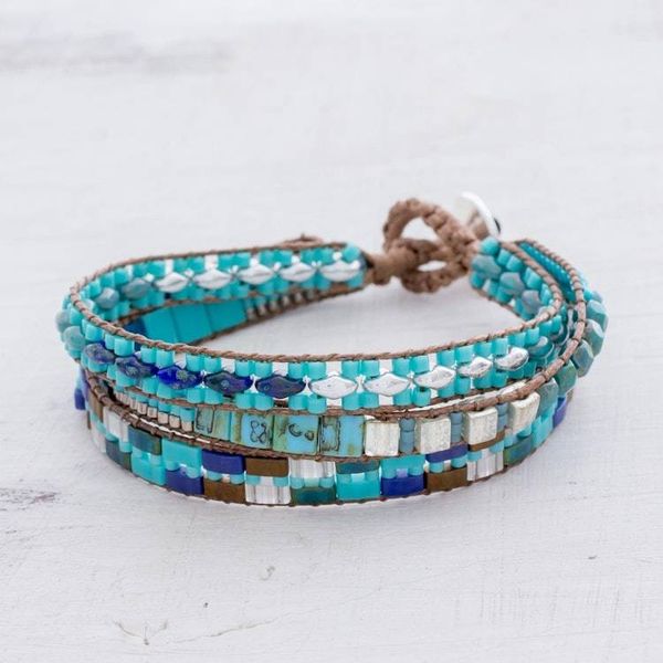Alternate image for Glass Beaded Wristband Bracelet in Blue from Guatemala Pools of the City