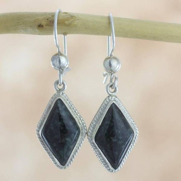 Alternate image for Guatemalan Dark Green Jade Earrings Dark Diamond