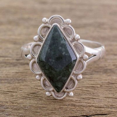 Alternate image for Guatemalan Handcrafted Dark Green Jade Ring Dark Diamond Dahlia