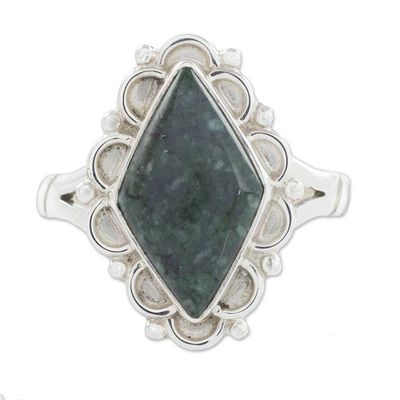 Alternate image for Guatemalan Handcrafted Dark Green Jade Ring Dark Diamond Dahlia