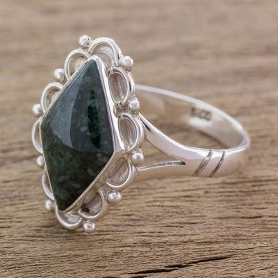 Alternate image for Guatemalan Handcrafted Dark Green Jade Ring Dark Diamond Dahlia