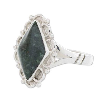 Alternate image for Guatemalan Handcrafted Dark Green Jade Ring Dark Diamond Dahlia