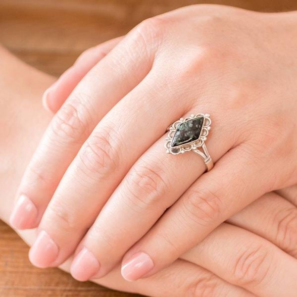 Alternate image for Guatemalan Handcrafted Dark Green Jade Ring Dark Diamond Dahlia