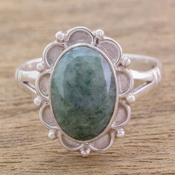 Alternate image for Guatemalan Hand Crafted Light Green Jade Ring Dahlia