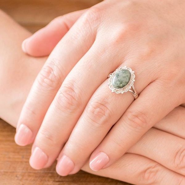Alternate image for Guatemalan Hand Crafted Light Green Jade Ring Dahlia