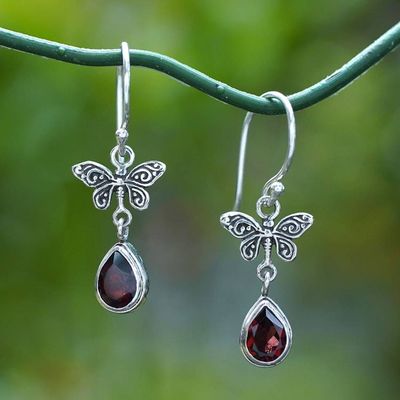 Alternate image for Butterfly-Inspired 2-Carat Garnet Silver Dangle Earrings Fiery Flutter