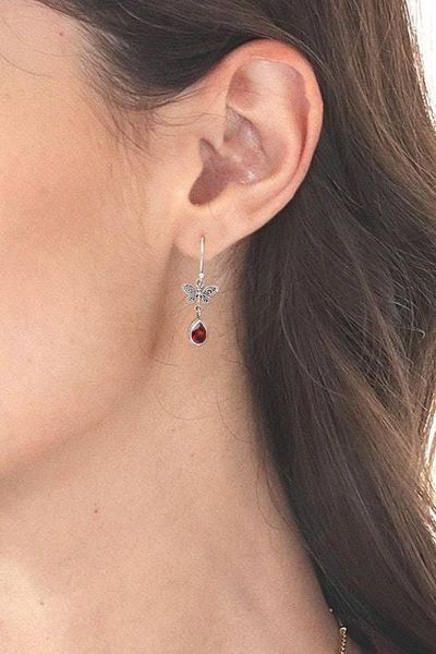 Alternate image for Butterfly-Inspired 2-Carat Garnet Silver Dangle Earrings Fiery Flutter
