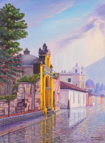 Image for Signed Painting of Rainy Day in Antigua de Guatemala Pasos Street, Antigua