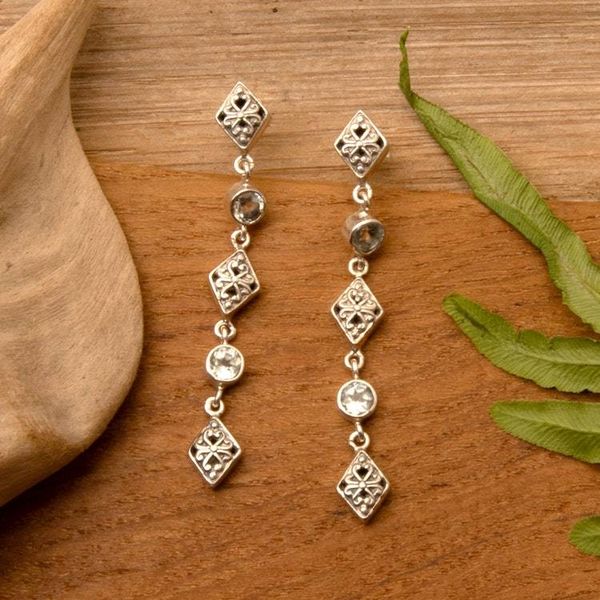 Alternate image for Balinese Kite-Themed Blue Topaz Silver Dangle Earrings Balinese Kite