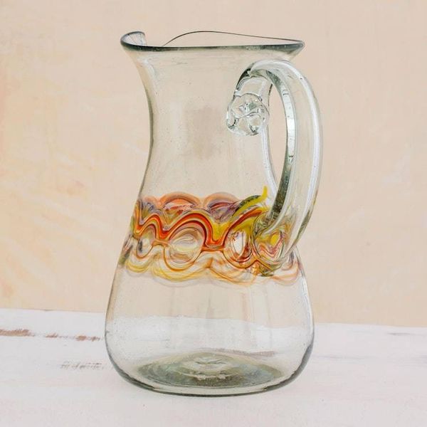 Alternate image for Hand Blown Recycled Glass Pitcher with Orange Motifs Orange Reef