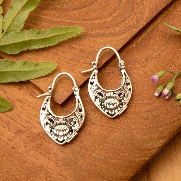 Alternate image for Lotus Flower-Themed Textured Sterling Silver Hoop Earrings Blooming Lotus
