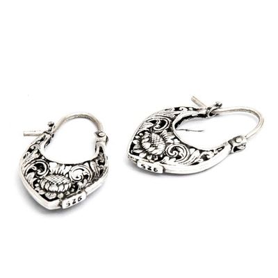 Alternate image for Lotus Flower-Themed Textured Sterling Silver Hoop Earrings Blooming Lotus