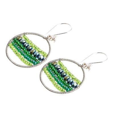 Alternate image for Green-Toned Round Crystal and Glass Beaded Dangle Earrings Green Glints