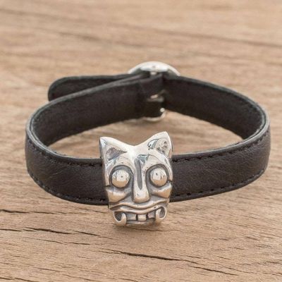 Alternate image for Archaeological Sterling Silver and Leather Jaguar bracelet Iximche Jaguar