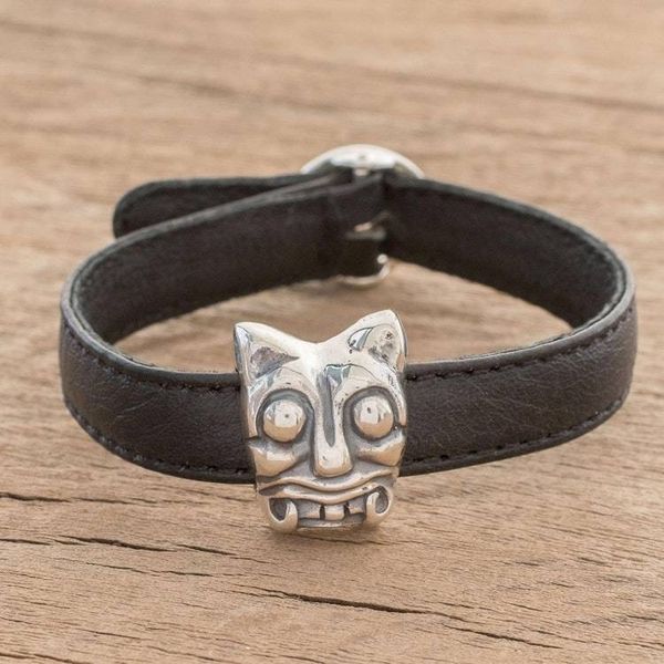 Alternate image for Archaeological Sterling Silver and Leather Jaguar bracelet Iximche Jaguar