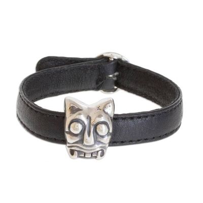 Alternate image for Archaeological Sterling Silver and Leather Jaguar bracelet Iximche Jaguar