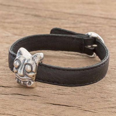 Alternate image for Archaeological Sterling Silver and Leather Jaguar bracelet Iximche Jaguar